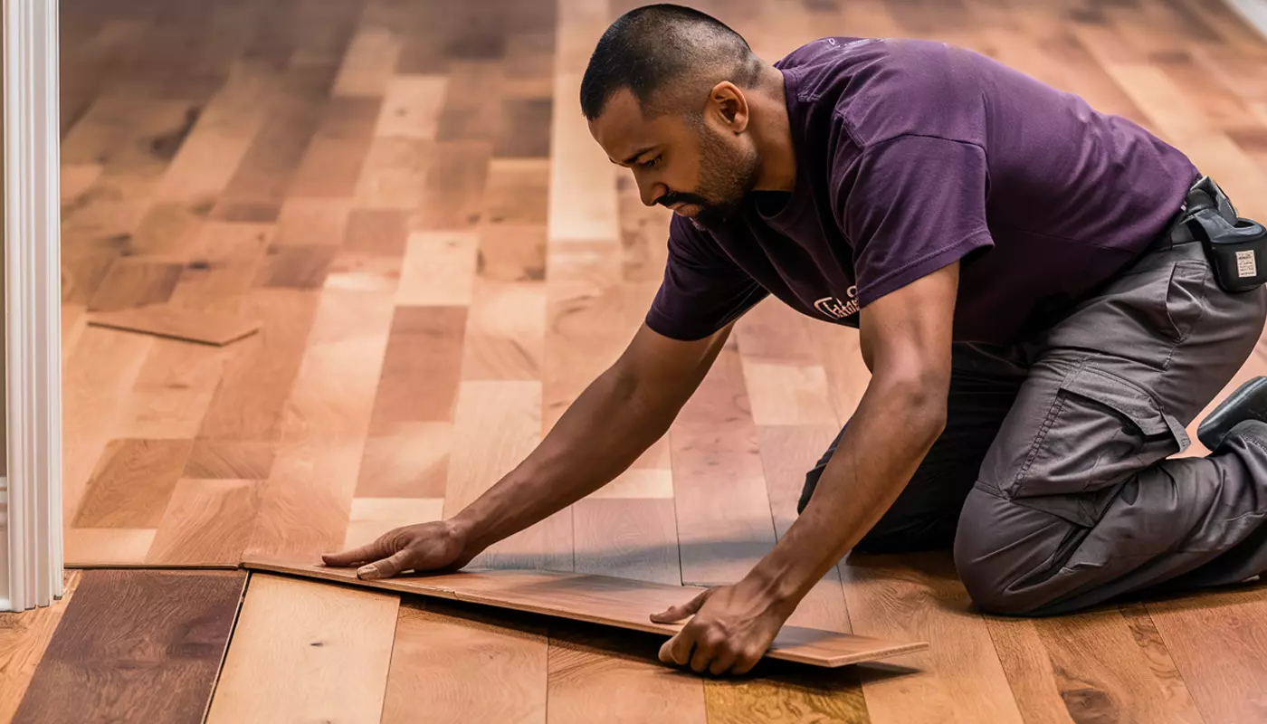 Skilled flooring installer carefully laying hardwood flooring planks in a modern home.