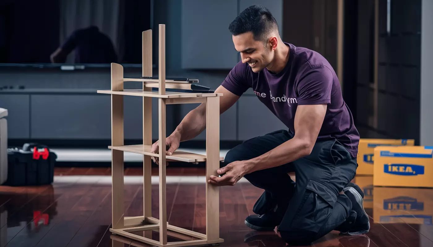 Professional handyman assembling furniture in a modern living room.