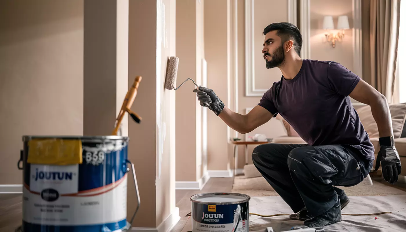 Professional painter applying a fresh coat of paint to a wall in a modern interior.