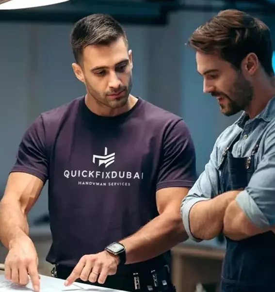 Dedicated handyman in a dark violet branded t-shirt engaged in a serious conversation with a satisfied client.