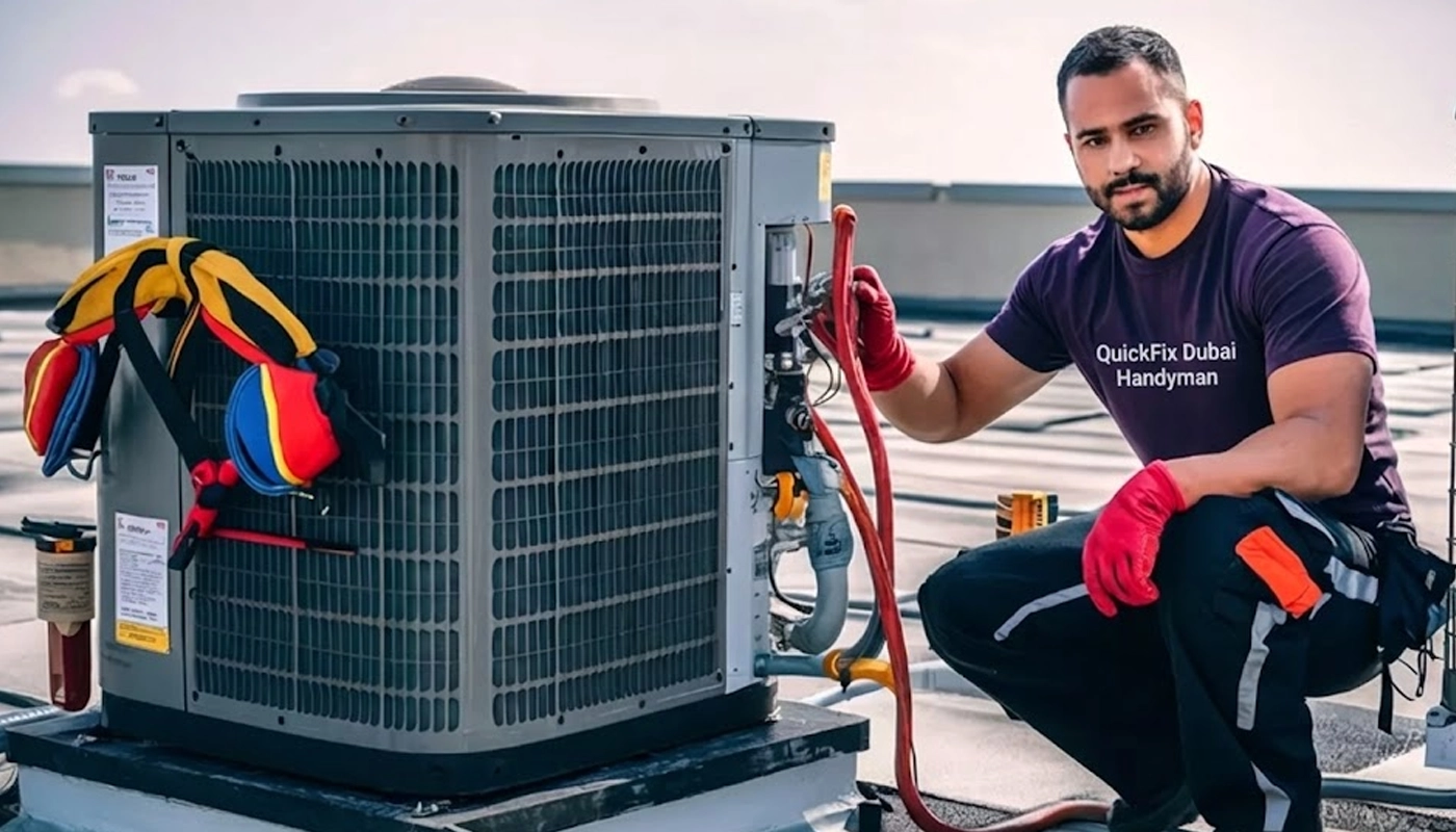 Professional technician repairing an air conditioning unit with tools and safety gear.