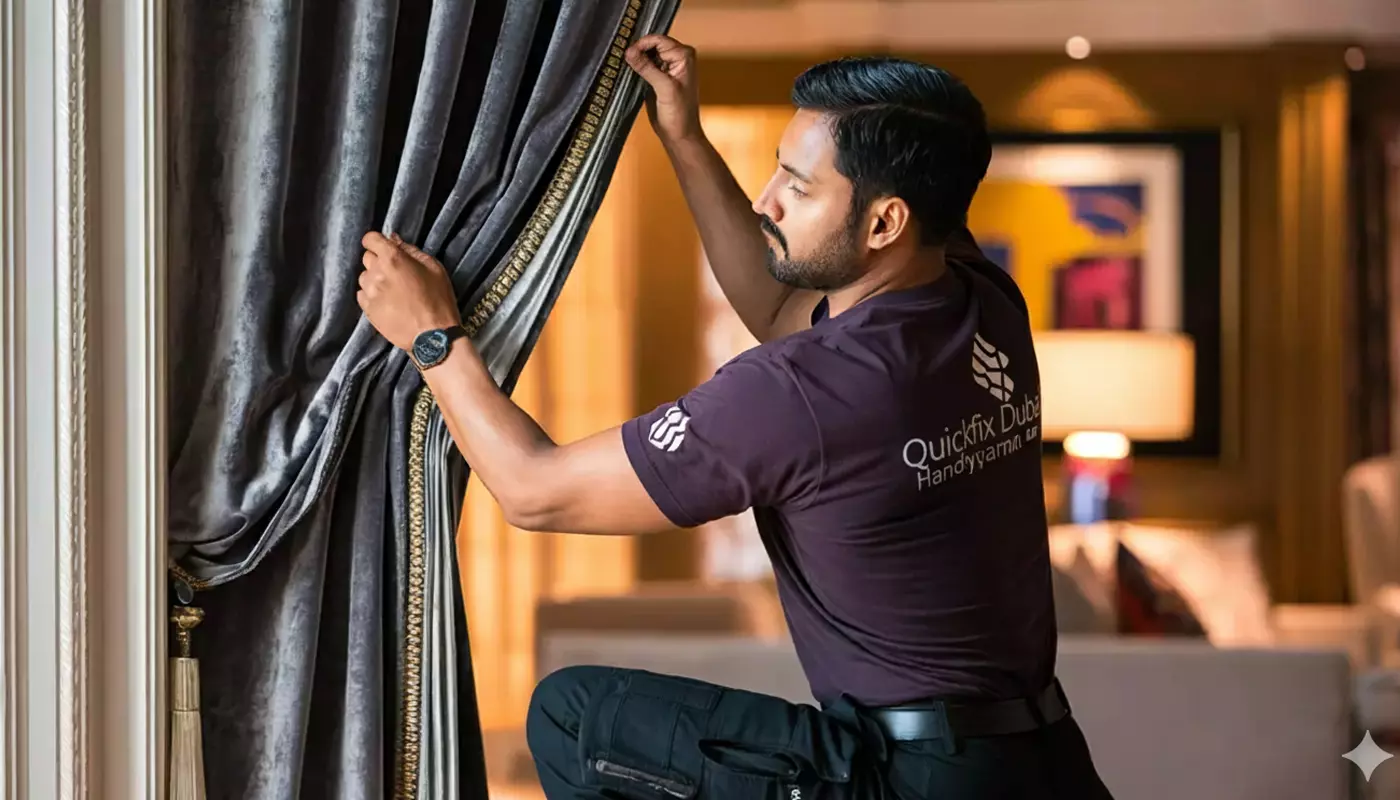 Professional installer hanging elegant curtains in a modern living room.