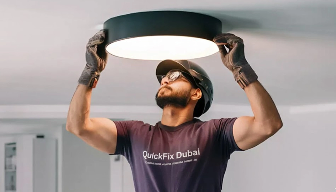 Skilled QuikFix Dubai electrician in dark violet branded t-shirt and black cargo pants installing a ceiling light while standing on a ladder.