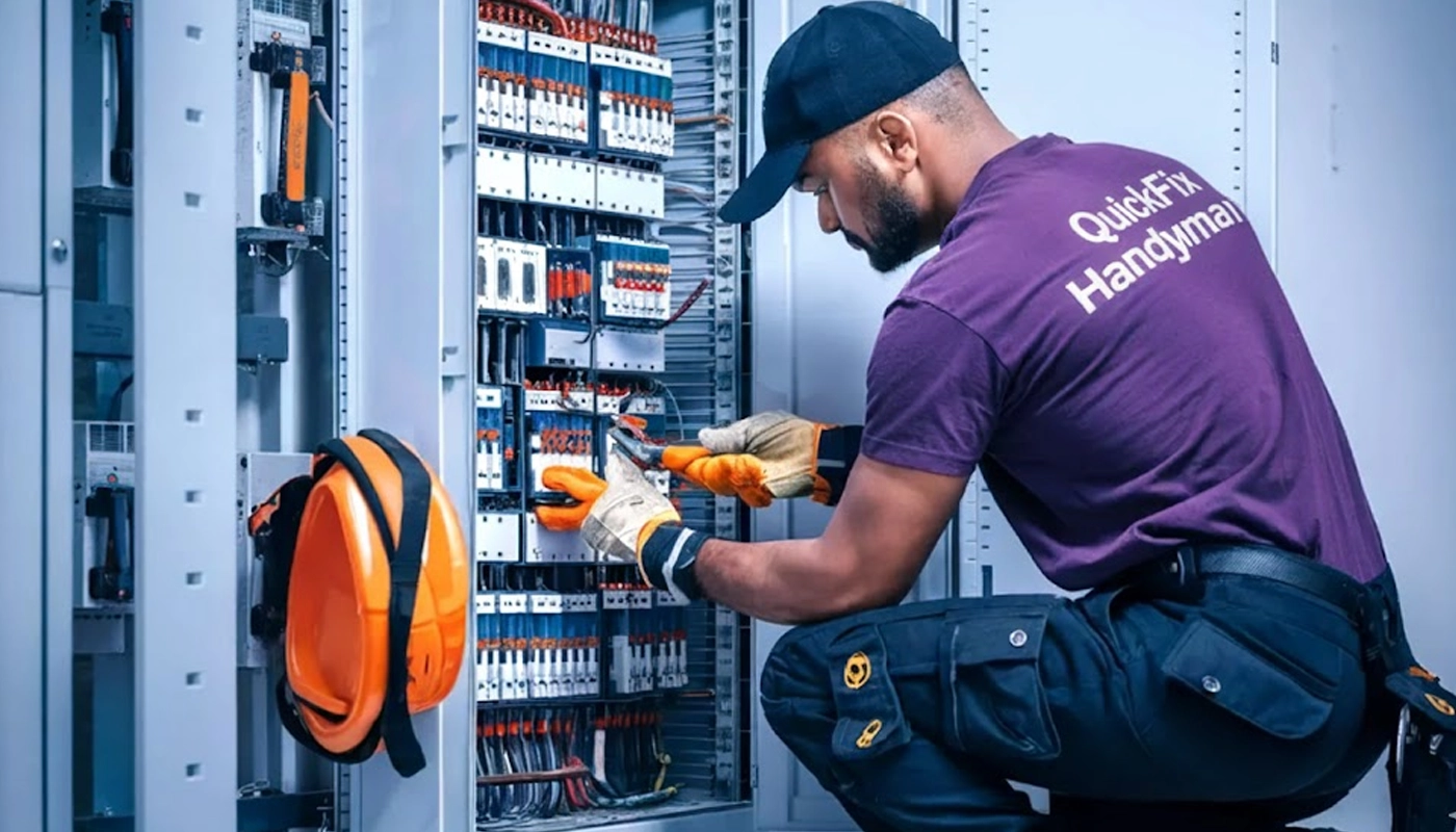 Professional electrician working on a circuit breaker panel with tools and safety gear.
