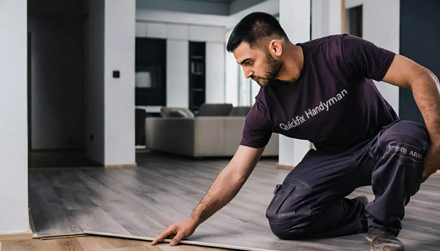 Professional flooring installer laying hardwood flooring in a modern home.