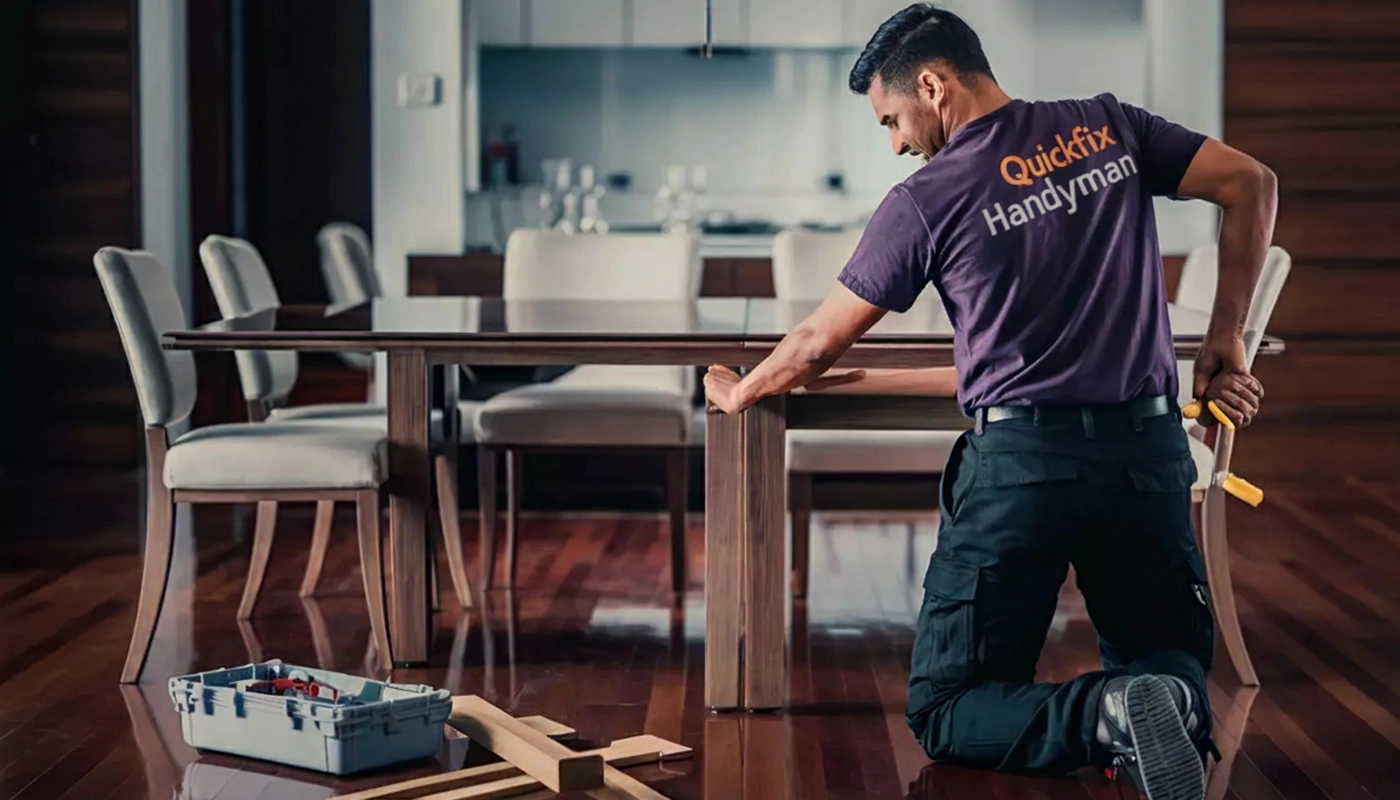 Professional handyman assembling furniture in a modern living room.