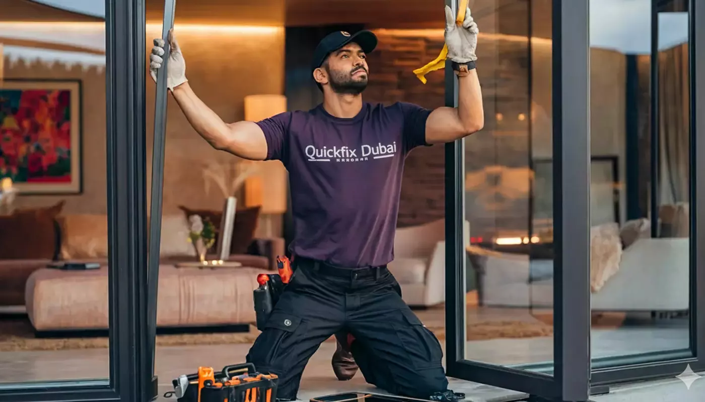 Professional technician installing glass windows and aluminium frames in a modern building.