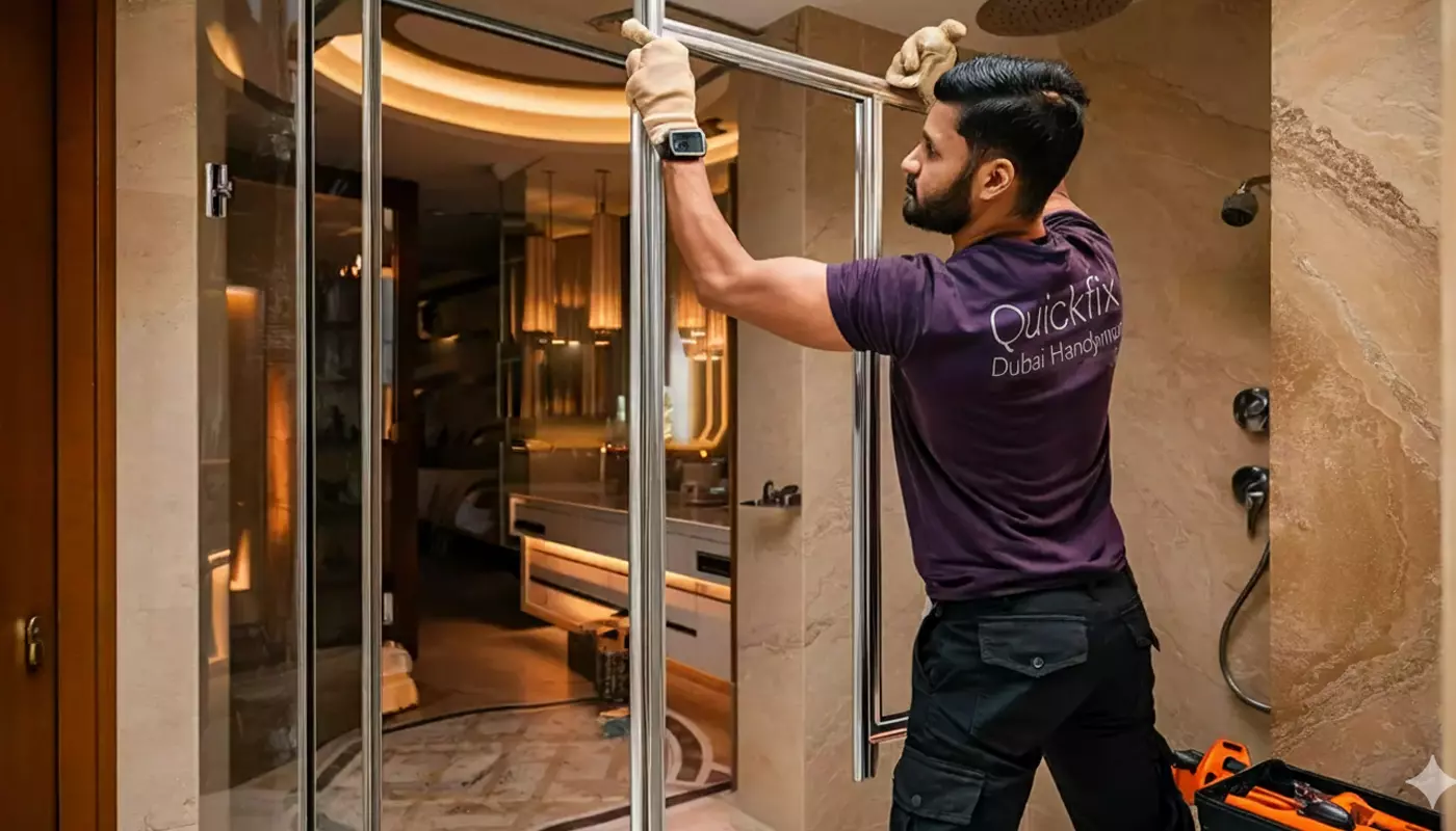 Professional technician installing glass windows and aluminium frames in a modern building.