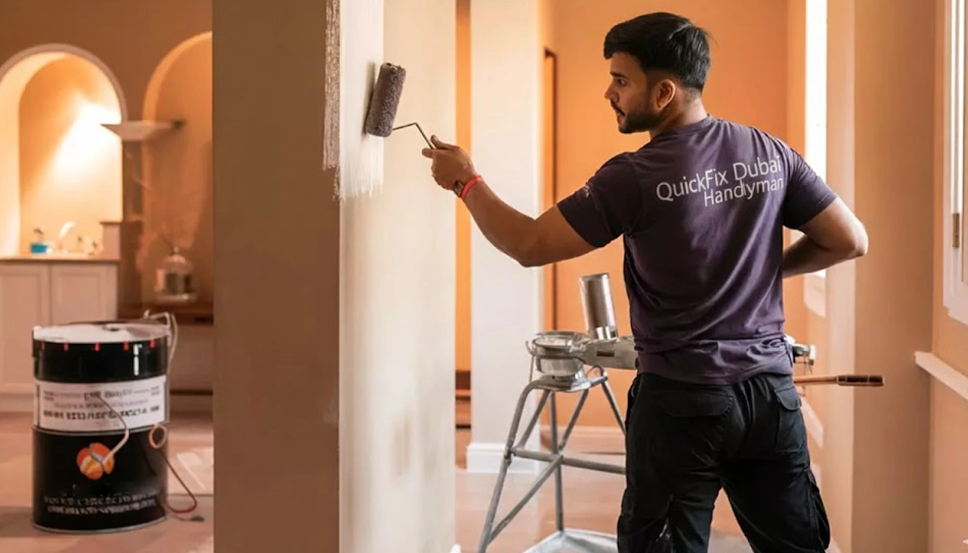 Professional painter applying a fresh coat of paint to a wall in a modern interior.