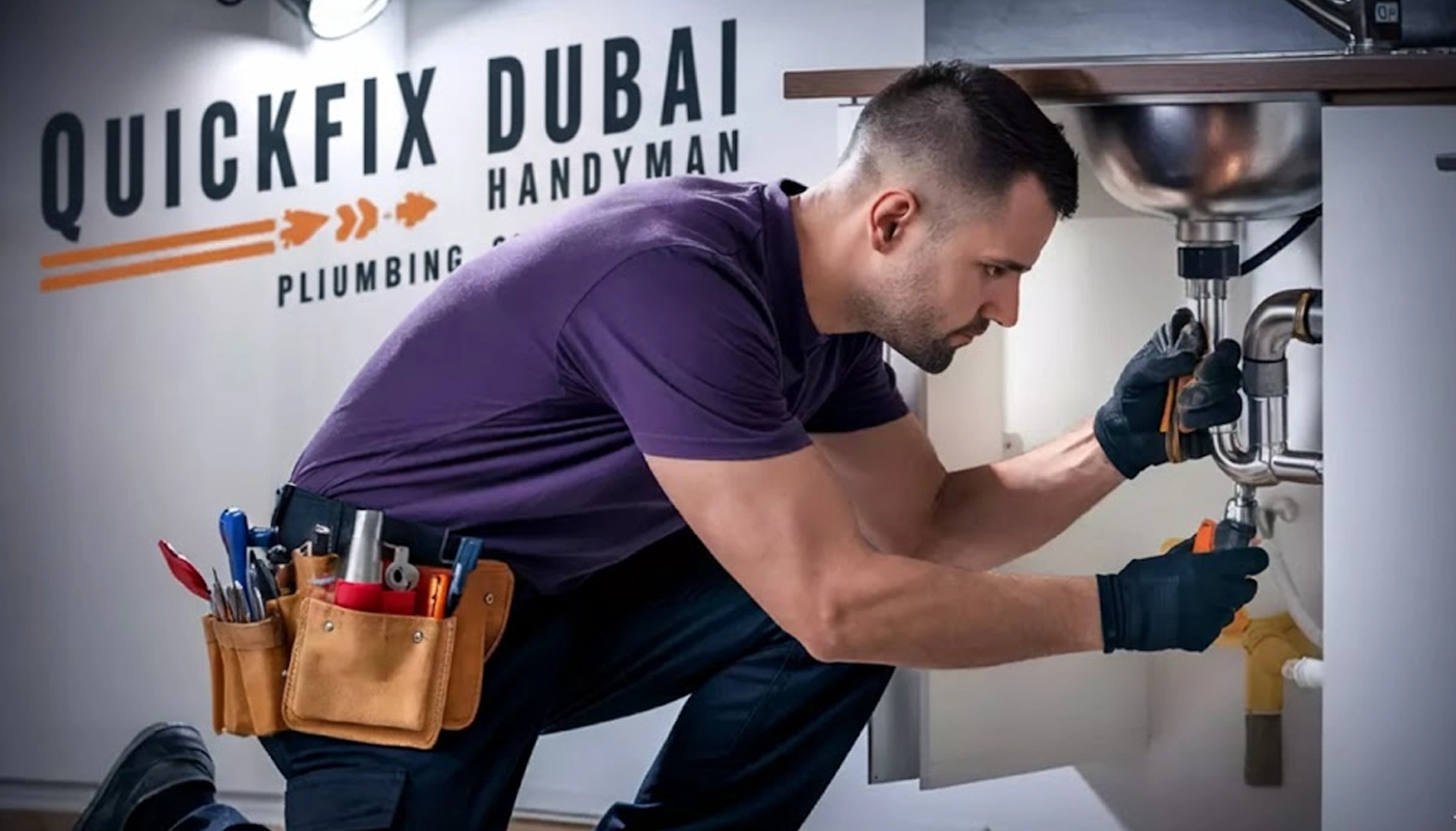 Skilled plumber fixing a leak under a kitchen sink with professional tools.